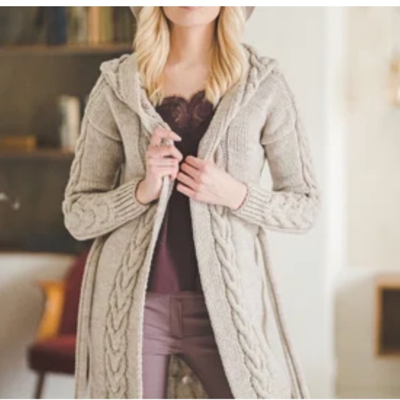 L.L. Bean Women's Hooded Cable Knit Cardigan - Beige - Picture 1 of 15